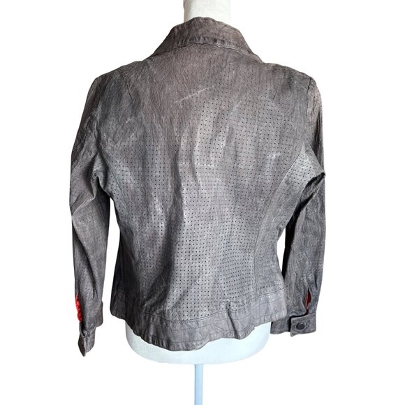 7 For All Mankind Womens Gray Leather Perforated Jacket Red Lining Grunge Moto - Picture 5 of 11